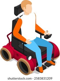 Isometric vector illustration representing a blond man sitting in a modern red electric wheelchair and holding a joystick controller. Promoting mobility and independence for people with disabilities