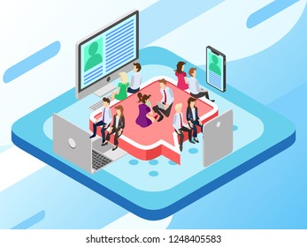 Isometric Vector Illustration Representing A Business Group Sitting on a Seat and Watching a Viral News or Report Video on their Gadgets