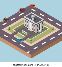 Isometric Vector Illustration Representing a City or Town Hall Surrounded by Roads and Cars in a Town