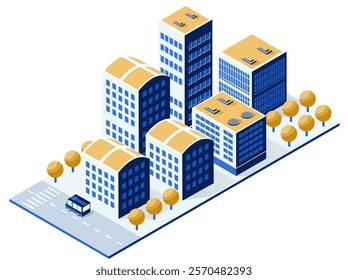 Isometric vector illustration representing a city downtown with skyscrapers, offices, trees and roads, perfect for urban and architectural concepts