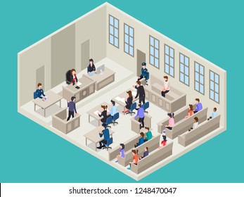 Isometric Vector Illustration Representing Court Room And Trial Activity With Some People On It