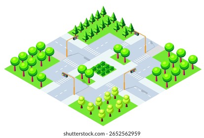 Isometric vector illustration representing a crossroads with traffic lights, pedestrian crossings and green parks, ideal for urban planning and city infrastructure concepts