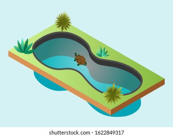 Isometric Vector Illustration Representing a Curve Shaped Turtle Pond 1