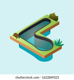Isometric Vector Illustration Representing a Curve Shaped Turtle Pond 2