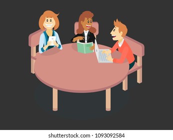 Isometric Vector Illustration Representing a Discussion about Education Between Students and Workers