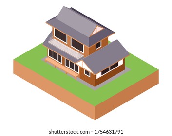 Isometric Vector Illustration Representing East Asian Traditional Wooden Living Family House Building