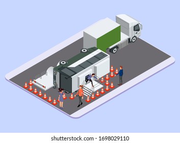 Isometric Vector Illustration Representing Evacuation Process of Bus Accident by Transporting it Onto Trailer Truck