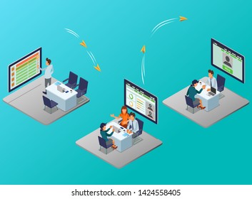 Isometric Vector Illustration Representing A Flow of Employee Recruitment Process by An HR Manager Using an Application Displayed on the Computer Screen