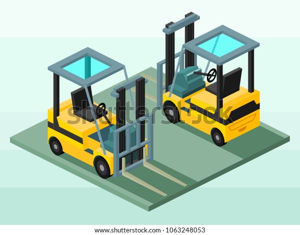 Isometric Vector\
Illustration Representing Forklift Using Front and Rear Position\
for Info Graphic Or\
Map