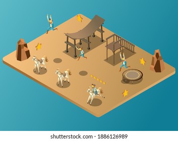 Isometric Vector Illustration Representing Game of Jumping Cowboys Into the Horses