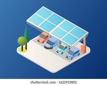 Isometric Vector Illustration Representing Generating Solar Energy Using Panel on Car Parking Area