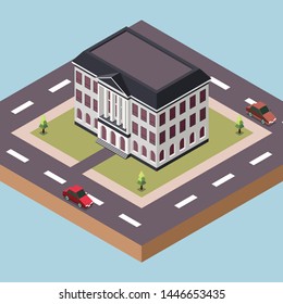 Isometric Vector Illustration Representing a Government Building Surrounded by Roads and Cars in a Town