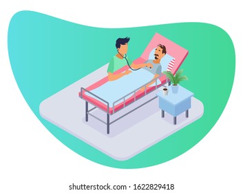 Isometric Vector Illustration Representing Home Health Care Treating A Sick Man At Bed Room