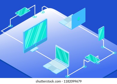 Isometric Vector Illustration Representing How Devices Connected Each Other Including Computer, Smartphone, and Laptop
