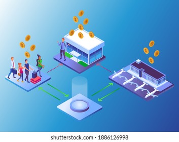Isometric Vector Illustration Representing How to Get Benefit from a Flight Reservation Using an Application