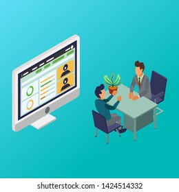 Isometric Vector Illustration Representing An HR Manager is Interviewing Employee Candidate and Displaying a Resume on the Computer Screen