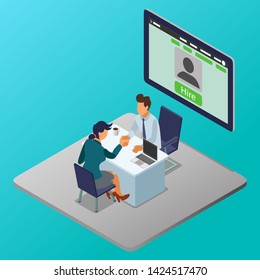 Isometric Vector Illustration Representing An HR Manager is Handshaking with Employee and Displays a Hire Process on the Application on the Computer Screen