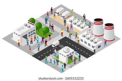 Isometric vector illustration representing an industrial district with factories, power plant, offices, and workers moving around