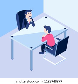 Isometric Vector Illustration Representing A Job Interview Between Job Applicant or Employee Candidate and Job Interviewer or Manager