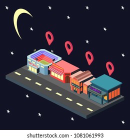 Isometric Vector Illustration Representing Landmarks of Nightlife that Includes Sport Station, Restaurant, Nightclubs and Comedy