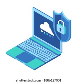 Isometric Vector Illustration Representing Laptop with Cloud Data Security