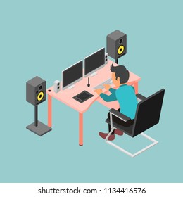 Isometric Vector Illustration Representing A Man Working with Computer and Pen Tablet