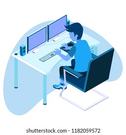 Isometric Vector Illustration Representing A Man Operating Computer with Dual Monitors on A Desk and Other Devices 1
