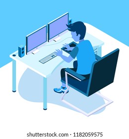 Isometric Vector Illustration Representing A Man Operating Computer with Dual Monitors on A Desk and Sitting on A Chair