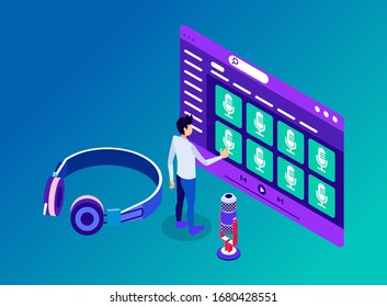 Isometric Vector Illustration Representing A Man Accessing Podcast Channels and Contents to Listen through Headphone