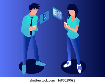 Isometric Vector Illustration Representing A Man and a Woman are Monitoring Amateur Radio Transmission via Smartphones