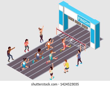 Isometric Vector Illustration Representing A Marathon Running Race with Several Across Gender Participants and a Number of Supporters Watching