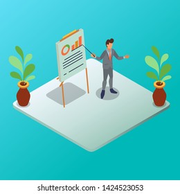Isometric Vector Illustration Representing A Marketing Staff is Presenting a Chart Using a Presentation Board and Pointer stick
