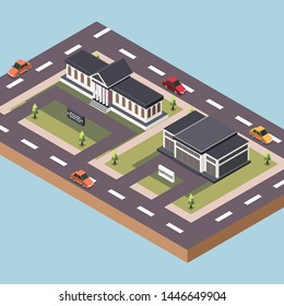 Isometric Vector Illustration Representing a Mayor Governor and Court House Building Surrounded by Roads and Cars in a Town
