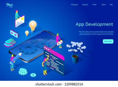 Isometric vector illustration representing mobile app development process. Web page template for web graphic design. Picture showing team of developers working on mobile application at the office.