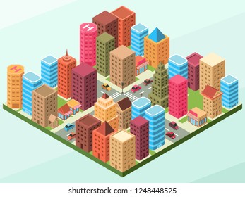 Isometric Vector Illustration Representing A Modern City Landscape with Some Buildings on Each Block, and Having Roads with Cars and Traffic