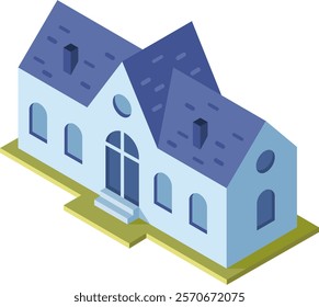 Isometric vector illustration representing a modern house with blue tiled roof. Arched windows and chimneys. Ideal for architectural projects. Real estate marketing. And urban planning visualizations