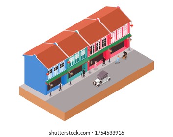 Isometric Vector Illustration Representing Old Colonial Buildings with People and Classic Car Crossing the Street