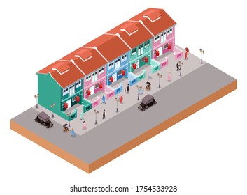 Isometric Vector Illustration Representing Old Colonial Buildings In China Town Area With People And Classic Cars