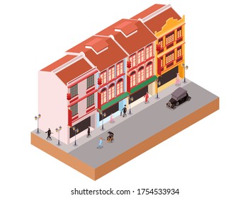 Isometric Vector Illustration Representing Old Classic Colonial Buildings as Stores in China Town Area