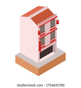 Isometric Vector Illustration Representing Old Classic Colonial Style Pink Building as Store in China Town Area