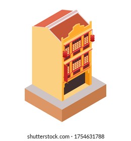 Isometric Vector Illustration Representing Old Classic Colonial Style Yellow Building as Store in China Town Area