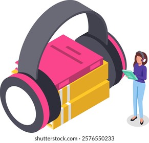 Isometric vector illustration representing online education with a student listening to an audiobook with headphones and holding a book while learning new concepts