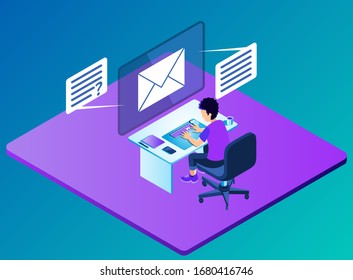 Isometric Vector Illustration Representing Operating Computer for Accessing Questions and Answers through Email and Messenger