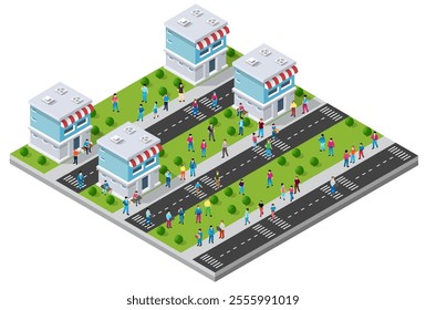 Isometric vector illustration representing people walking and shopping in a small city with stores, roads, crosswalks and green areas