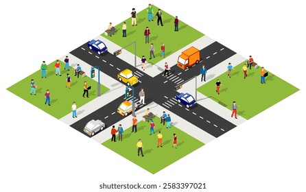 Isometric vector illustration representing people walking and vehicles driving at a crossroads in a city with green areas