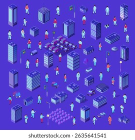 Isometric vector illustration representing people living in a city with skyscrapers, houses, cars, trees, and street lamps