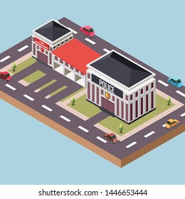 Isometric Vector Illustration Representing a Police and Fire Station Surrounded by Roads and Cars in a Town