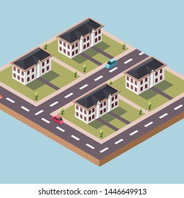 Isometric Vector Illustration Representing Residences or Houses for Town Officials Living Surrounded by Roads and Cars