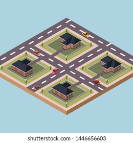 Isometric Vector Illustration Representing Residences or Public Housing Surrounded by Roads and Cars in a Town
