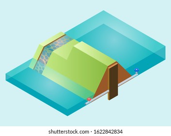 Isometric Vector Illustration Representing a River and Dam with Water